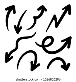 Arrows hand drawn doodle vector set. Sketch arrow design for application, banner, print screen, pen marks, map and typography design guide line.