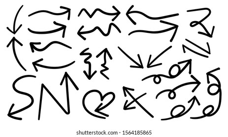 Arrows hand drawn doodle vector set. Sketch arrow design for application, banner, print screen, pen marks, map and typography design guide line.