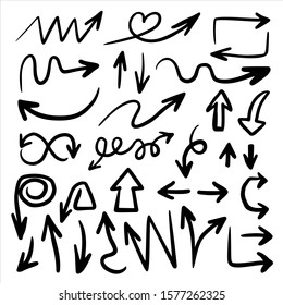 Arrows hand drawn doodle vector set. Sketch arrow design for application, banner, print screen, pen marks, map and typography design guide line.