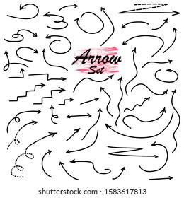 Arrows hand drawn doodle vector set. Sketch arrow design for application, banner, print screen, pen marks, map and typography design guide line. Illustration.