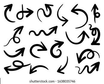 Arrows hand drawn doodle vector set. Sketch arrow design for application, banner, print screen, pen marks, map and typography design guide line.