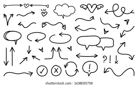 Arrows hand drawn doodle vector set. Sketch arrow design for application, banner, print screen, pen marks, map and typography design guide line.
