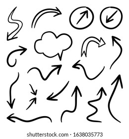 Arrows hand drawn doodle vector set. Sketch arrow design for application, banner, print screen, pen marks, map and typography design guide line.