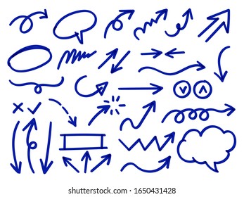 Arrows hand drawn doodle vector set. Sketch arrow design for application, banner, print screen, pen marks, map and typography design guide line.