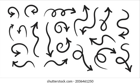 Flechas dibujadas a mano conjunto de vectores de doodle. Esbozar diseño de flecha para aplicación, banner, pantalla de impresión, marcas de lápiz, mapa y línea guía de diseño de tipografía.