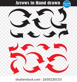 Arrows in Hand drawn icon set vector collection. Curve arrow icon vector set. Eps 10
