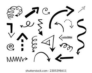 Arrows hand drawn with a marker. Doodle signs set in many directions moving abstract design art, business design element.Isolated background. Vector illustration