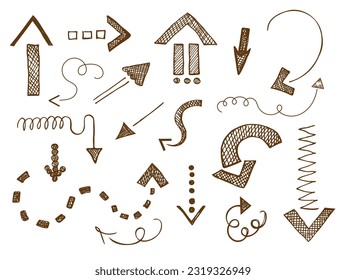 Arrows hand drawn with a marker with hatching. Doodle signs set in many directions moving abstract design art, business design element, template, Isolated white background vector illustration