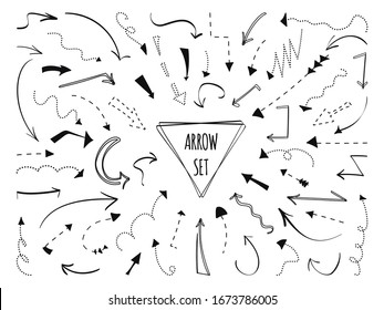 Arrows hand drawn set. Dotted black line. Sketch point curve zigzag arrow symbol. Doodle left right down direction sign. Business growth up graphic design element Isolated on white vector illustration
