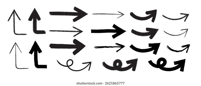 Setas Mão Desenhado Definir coleção de vetor, Grunge escova de seta desenhado, símbolos de doodle ilustração de design de elemento decorativo