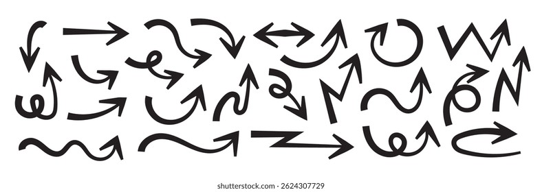 Setas Mão desenhada Definir coleção de vetor, pincel de seta desenhado, símbolos de doodle design elemento decorativo, setas simples.em um fundo branco ilustração vetor