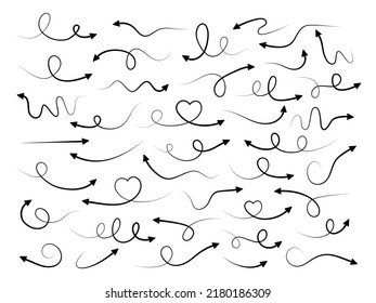 Colección de estilos dibujada a mano en flechas. Conjunto de elementos de marca de doodle de flecha. Vector aislado en blanco.