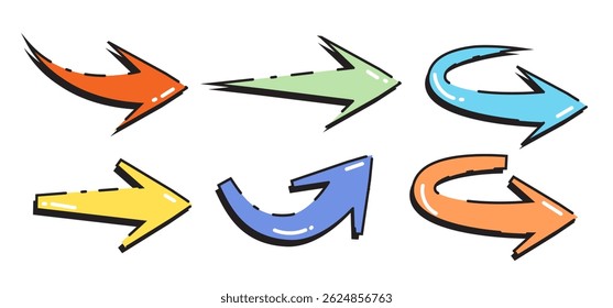 Colección de Vector dibujado a mano, pincel de flecha dibujado, diseño de elementos decorativos de símbolos de doodle, flechas simples. sobre una Ilustración vectorial de fondo blanco