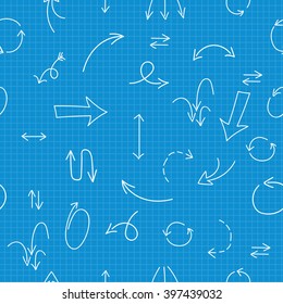 Arrows hand drawn vector seamless background texture pattern on blueprint paper . Vector arrows icons hand drawn pattern. Arrow elements doodles. Arrows hand drawn doodles texture pattern.