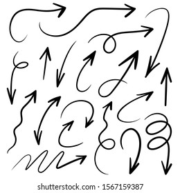 Arrows hand drawn vector set. Sketch arrow design for application, banner, print screen, pen marks, map and typography design guide line.