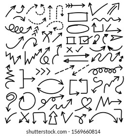 Arrows Hand Drawn Vector Set. Sketch Arrow Design For Application, Banner, Print Screen, Pen Marks, Map And Typography Design Guide Line.