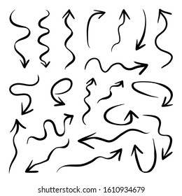 Arrows hand drawn vector set. Sketch arrow design for application, banner, print screen, pen marks, map and typography design guide line.
