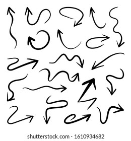Arrows hand drawn vector set. Sketch arrow design for application, banner, print screen, pen marks, map and typography design guide line.