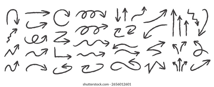 arrows handdrawn chalk crayon hand written style. squiggle arrow direction shape textured line up and down icon symbol vector illustration
