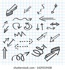 Arrows hand-drawn icons, abstract doodle writing design. Vector set. - Vector