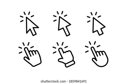 Arrows and hands clicking icon collection. Vector pointer symbols.