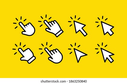 Arrows and hands clicking icon collection. Vector pointer symbols.
