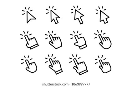 Arrows and hands clicking icon collection. Vector pointer symbols.