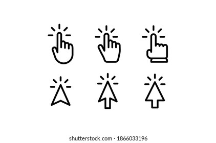 Arrows and hands clicking icon collection. Vector pointer symbols.