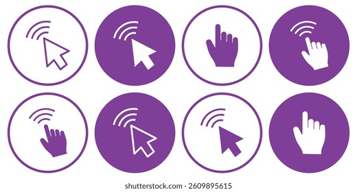 Arrows and hands clicking icon collection. Vector pointer symbols.