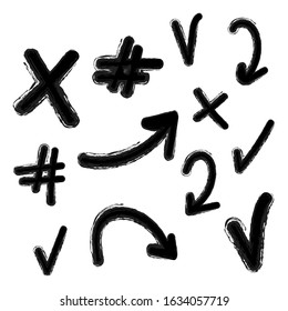 arrows, hashtags icons, of hand drawn Set of different shapes.