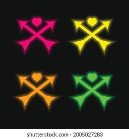 Arrows And Heart four color glowing neon vector icon
