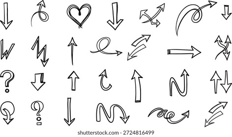 Flechas, corazón, signos de interrogación, garabatos, símbolos dibujados