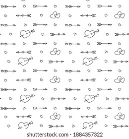 Arrows with heart vector seamless pattern on white background. Valentine background in doodle style. 