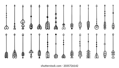 Flechas con corazones para un arco. elementos indios, hipster, tribales, boho. Para saludos de San Valentín, bodas, tarjetas, invitaciones, tatuajes. Ilustración vectorial aislada en estilo de doodle dibujado a mano.