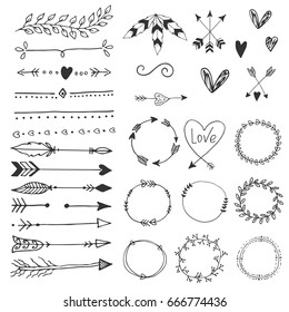Arrows, Hearts, Ornament - Handdrawn Wedding Decor Elements In Boho Style. Vector Collection