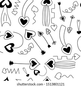 Arrows hearts pattern in black vector illustration. Hand drawn for print.