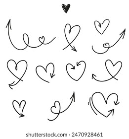 Arrows hearts Set Hand drawn vector icons, Cursor. Sketch simple arrows illustration
