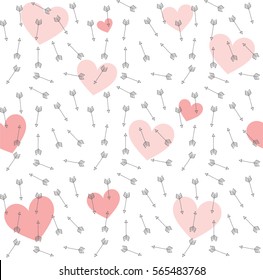 Arrows and hearts vector pattern. Seamless hand drawn arrow background. Pink and gray valentine pattern. 
