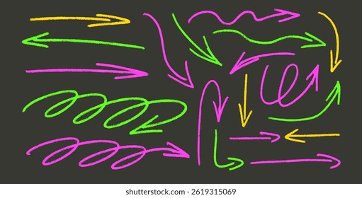 Arrows highlights hand drawn set. Neon marker straight and curved thin pointers doodle elements set. Freehand emphasis vector illustration by pencil. Grunge chalk freehand graphic on dark background.