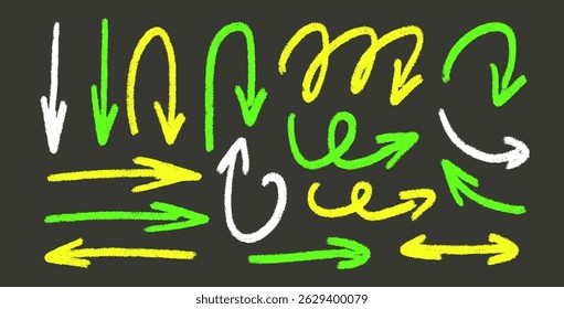 Arrows highlights hand drawn set. Neon marker straight and curved thin pointers doodle elements set. Freehand emphasis vector illustration by pencil. Grunge chalk freehand graphic on dark background.