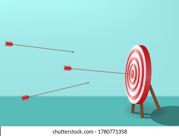 Arrows hit the target and other arrows followed. Vector illustrations
