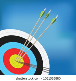 The arrows hit the target. Vector archery target. Marksmanship. Vector illustration for advertising. Attract customers. Targeted advertising.