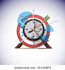 arrows hitting the center of wall clock. Success time concept - vector illustration