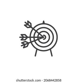 Pfeile, die ein Symbol für die Zielzeile drücken. lineares Stilzeichen für mobiles Konzept und Webdesign. Das Vektorsymbol von Ziel und drei Pfeilen. Ziel, Zielerreichungssymbol, Logo-Abbildung. Vektorgrafik