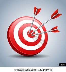 Arrows hitting a target. One target and three arrows. Business goal concept. Isolated vector illustration.