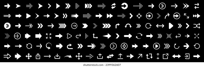 Icono Flechas. Conjunto de iconos de flecha. Colección de flechas vectoriales negras. Icono del vector del cursor. Colección de diferentes Flechas en estilo plano para diseño web o interfaz. Símbolos de dirección. Ilustración del vector