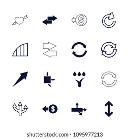 Arrows icon. collection of 16 arrows filled and outline icons such as coin, arrow, watering system, reload, angle. editable arrows icons for web and mobile.
