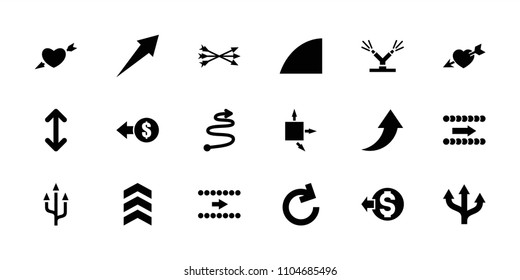Arrows icon. collection of 18 arrows filled icons such as coin, heart with arrow, reload, angle, watering system. editable arrows icons for web and mobile.
