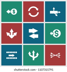 Arrows icon. collection of 9 arrows filled icons such as coin, arrow, arrow bow. editable arrows icons for web and mobile.