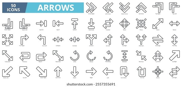 Arrows icon collection set. Containing arrow right, left arrow, down arrow, up arrow, top right, top left, down right, down left icon. Simple line vector
